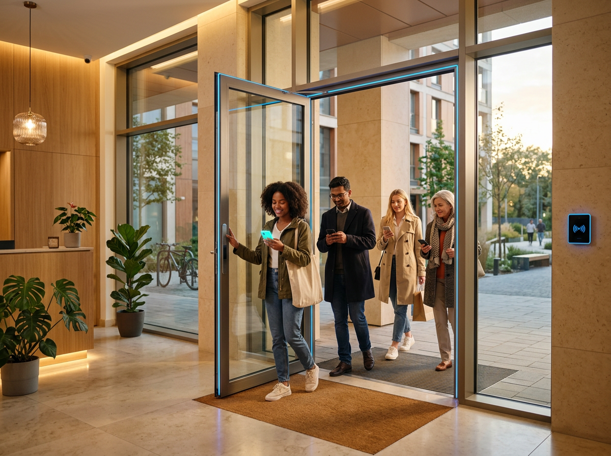 Wspólnota mieszkaniowa: hol wejściowy — wielu mieszkańców, wspólne drzwi do klatki