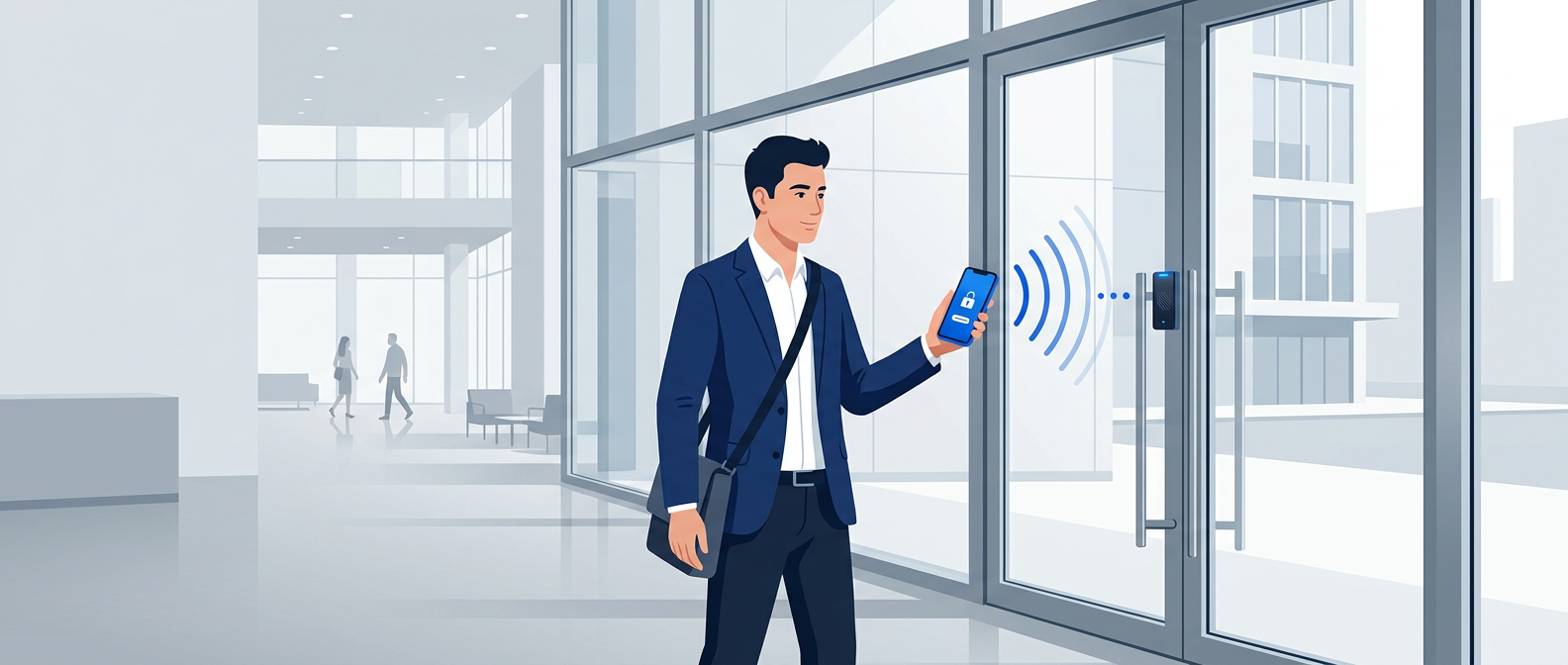 Ilustracja: dostęp do budynku smartfonem — sygnał Bluetooth przy drzwiach